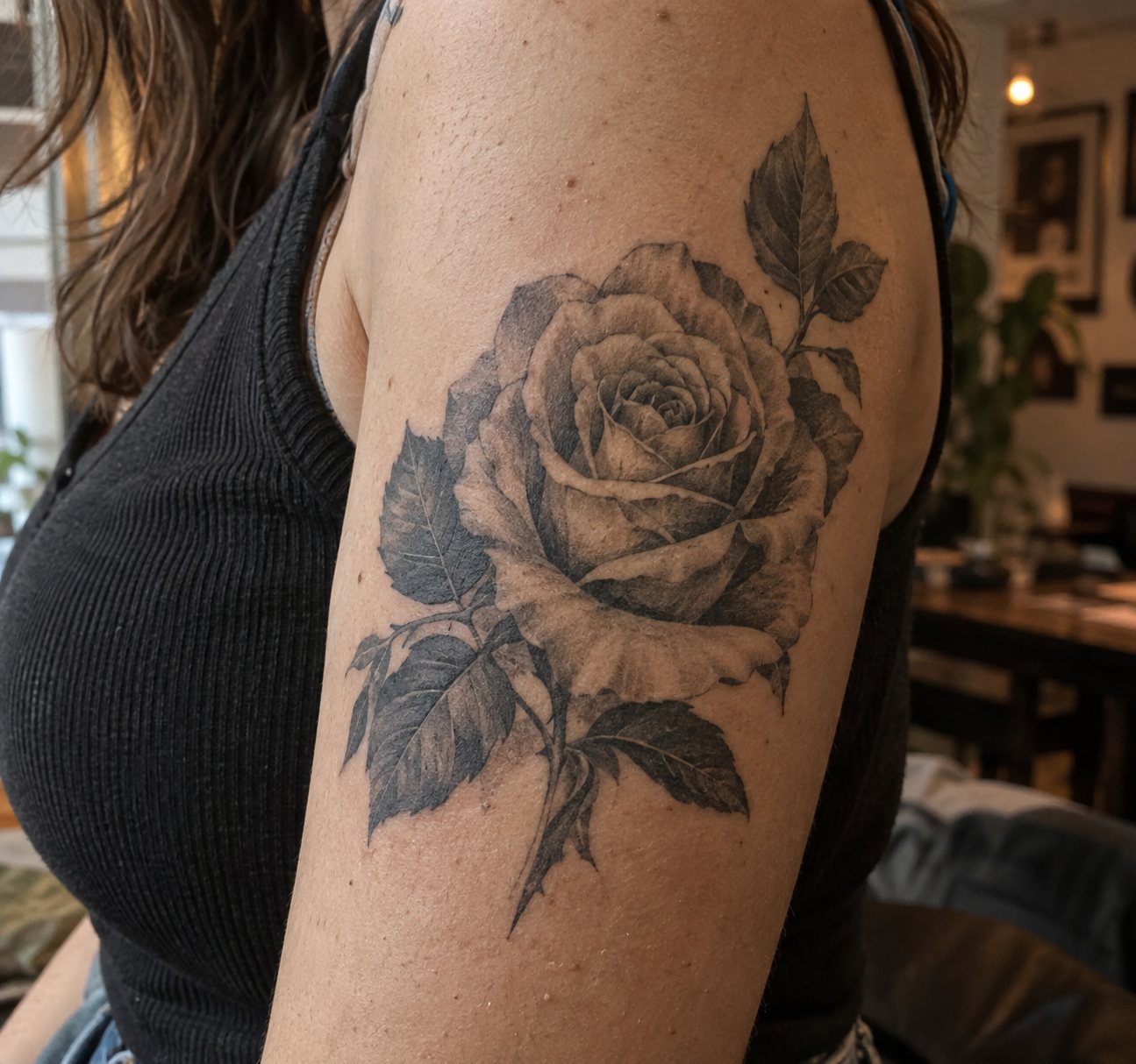 Illustrative black and grey rose tattoo