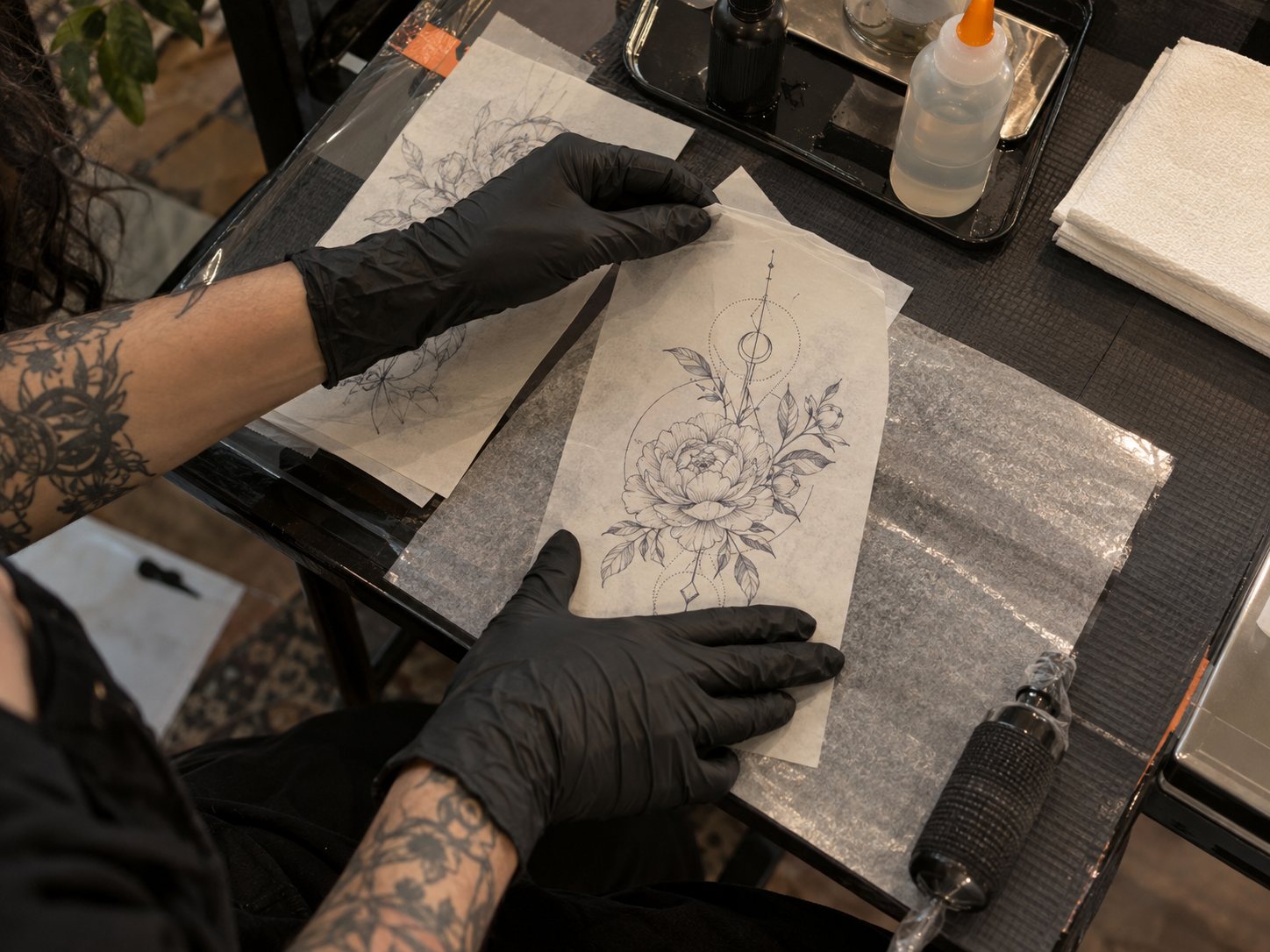 Illustrative gloved artist preparing a custom stencil